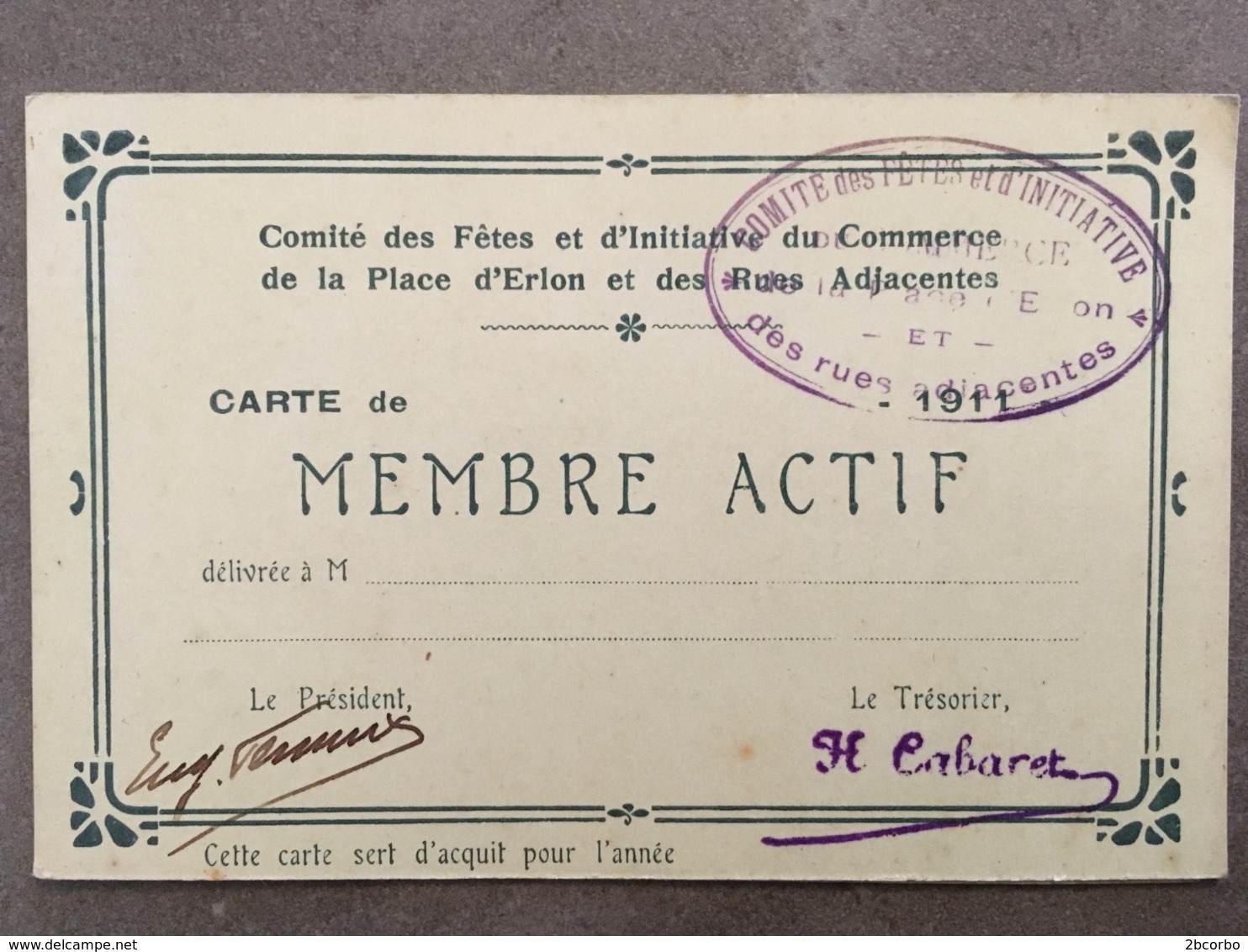 REIMS CARTE DE MEMBRE ACTIF COMITE DES FETES DE LA PLACE D'ERLON ET RUES ADJACENTES - Collections