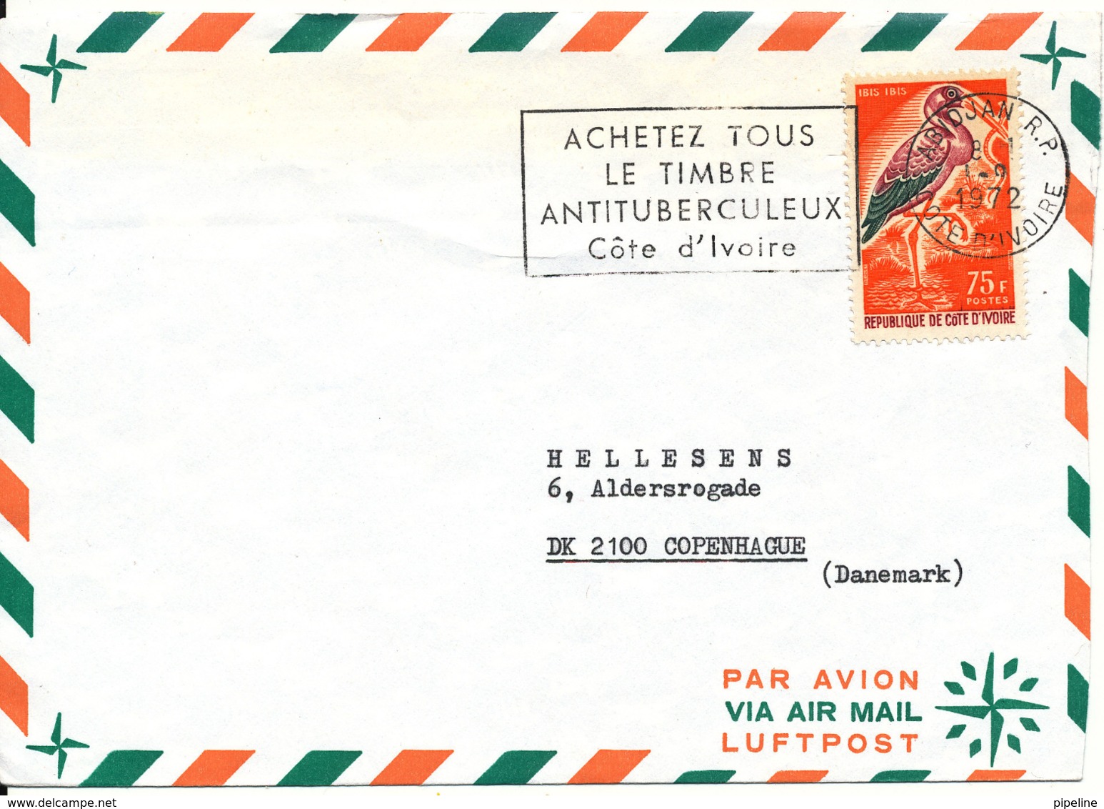 Ivory Coast Air Mail Cover Sent To Denmark Abidjan 1-9-1972 Single Franked BIRD (the Flap On The Backside Of The Cover - Ivory Coast (1960-...)