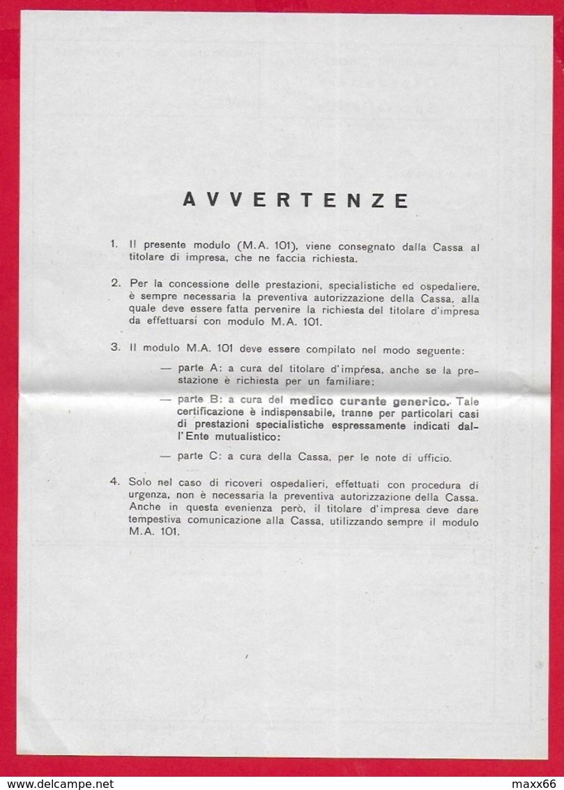 ITALIA 196? - CASSA MUTUA ARTIGIANI MILANO - Richiesta Prestazione Ospedaliera - Modello M. A. 101 - 16 X 22 - Documenti Storici