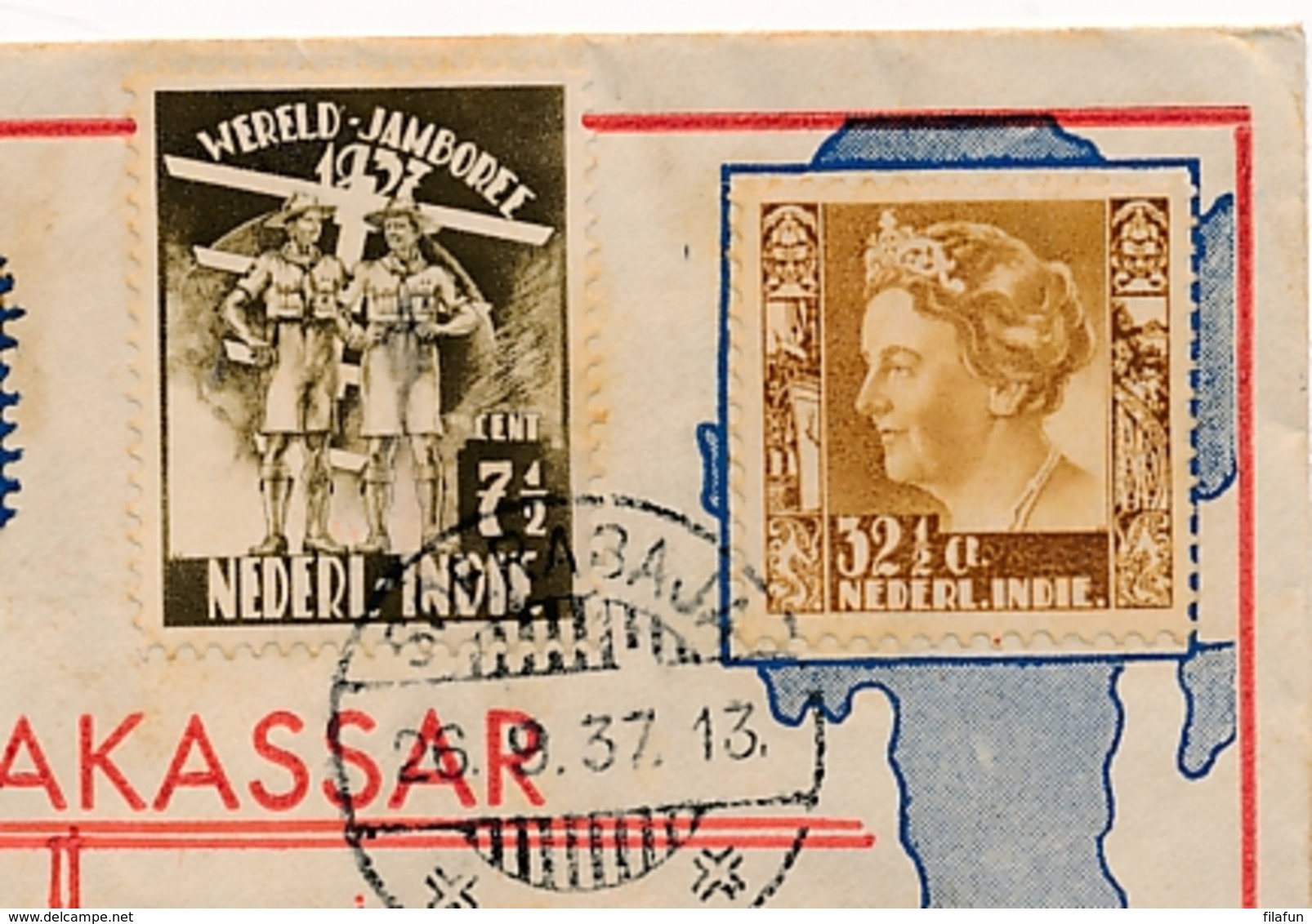 Nederlands Indië - 1937 - 4 Zegels Op LP-cover Van Soerabaja Naar Makasser En Als R-cover Naar Den Haag / Nederland - Nederlands-Indië