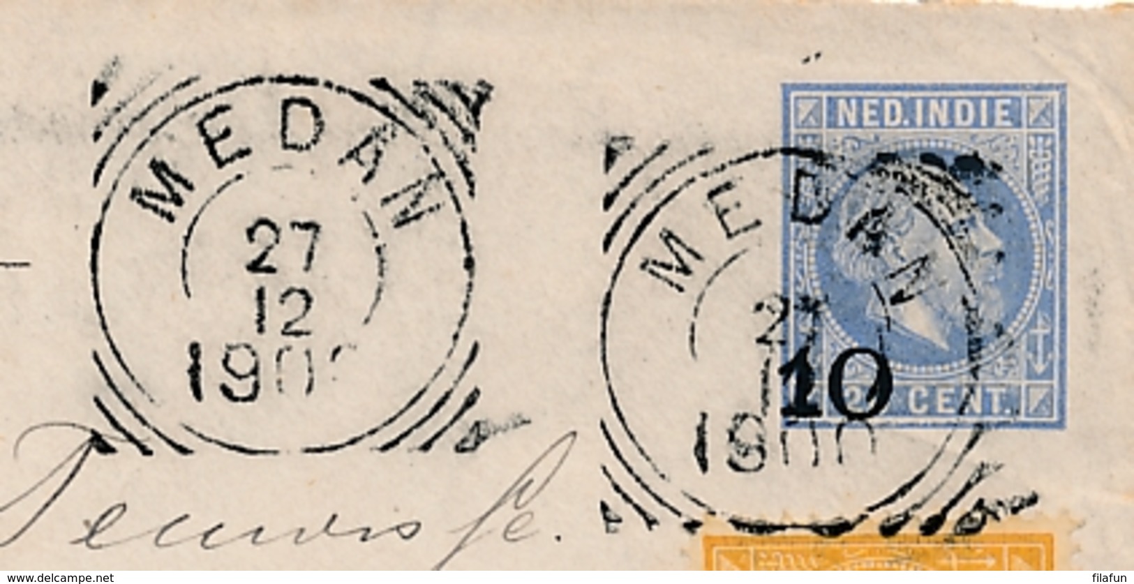 Nederlands Indië - 1900 - 10 Op 20 Cent Willem III + 2x 2,5 Cent Van VK Medan Via VK NI Postagent Penang Naar Delft - Nederlands-Indië