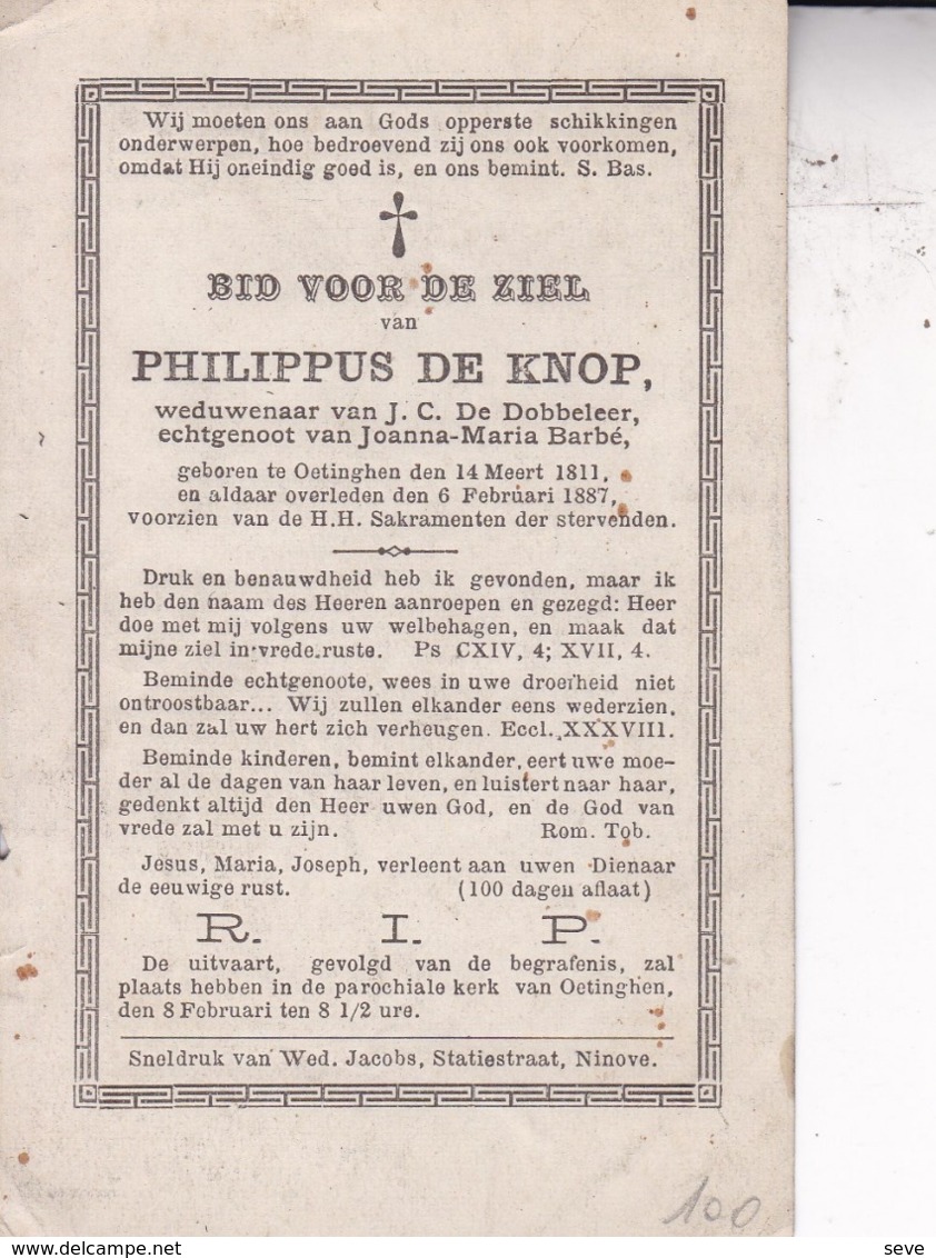 OETINGHEN OETINGEN Philippe DE KNOP Veuf DE DOBBELEER époux BARBE 1811-1887 Dp - Obituary Notices