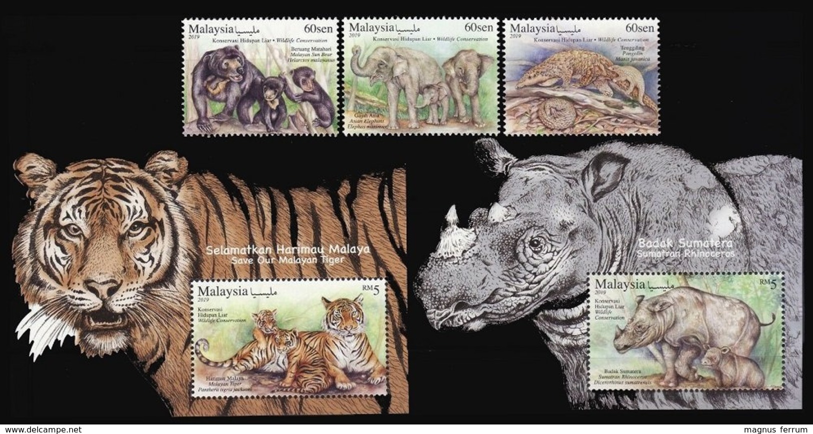 2019 Malaysia, Tigers, Rhinos, Elephants, Bears, Pangolins, 2 S/sheet + 3 Stamps, MNH - Other & Unclassified