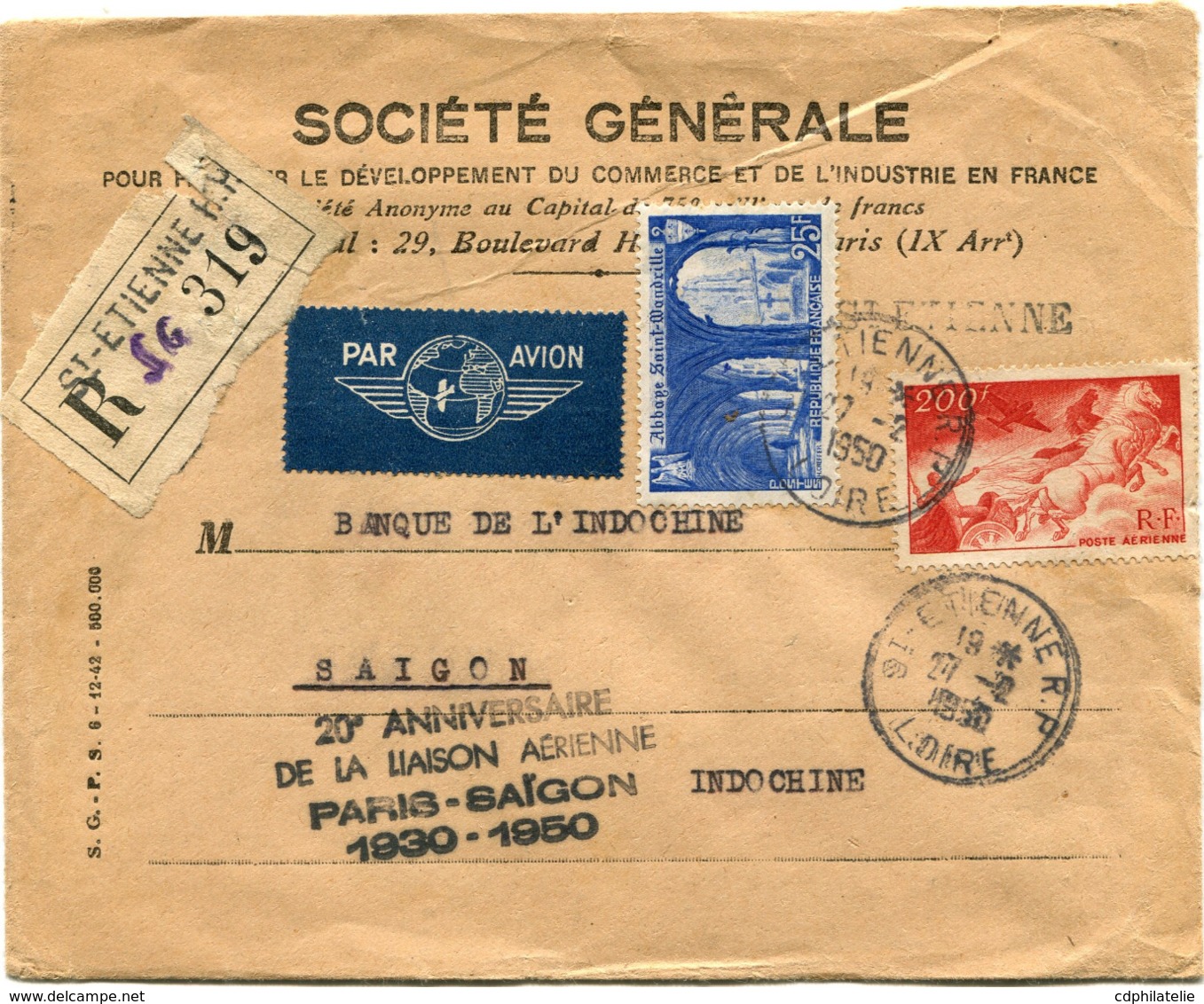 FRANCE LETTRE RECOMMANDEE PAR AVION AVEC CACHET "20e ANNIVERSAIRE......1930-1950" DEPART ST-ETIENNE 27-2-50 POUR SAIGON - 1960-.... Lettres & Documents