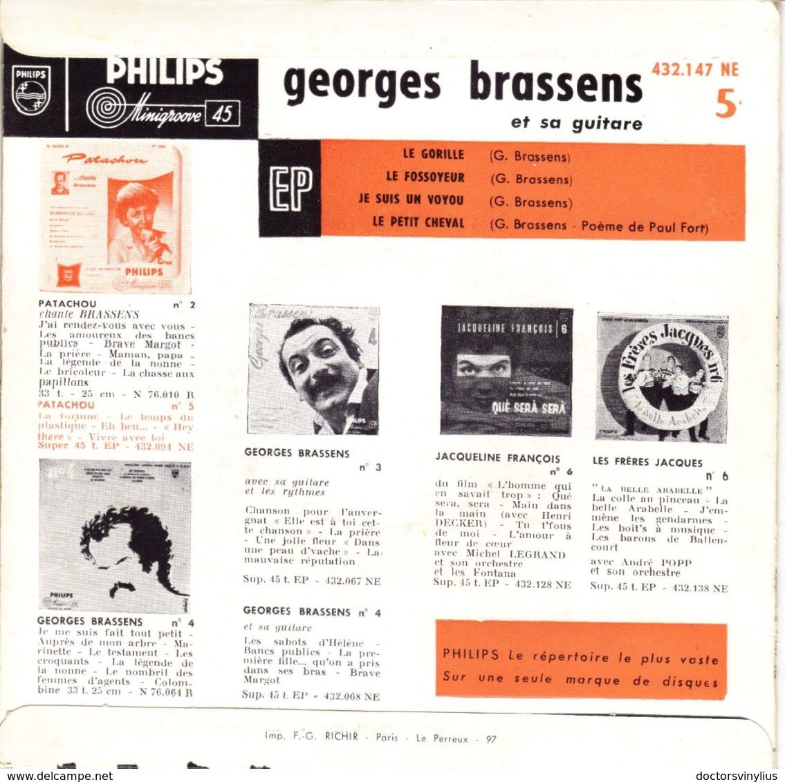 GEORGES BRASSENS "LE GORILLE - LE FOSSOYEUR - JE SUIS UN VOYOU - LE PETIT CHEVAL" DISQUE VINYL 45 TOURS - Autres - Musique Française