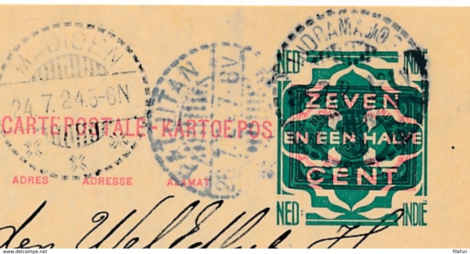 Nederlands Indië - 1924 - 7,5 Opdruk Op 5 Cent Cijfer, Briefkaart G33 Van Indramajoe Via Madioen Naar LB Patjitan - Nederlands-Indië