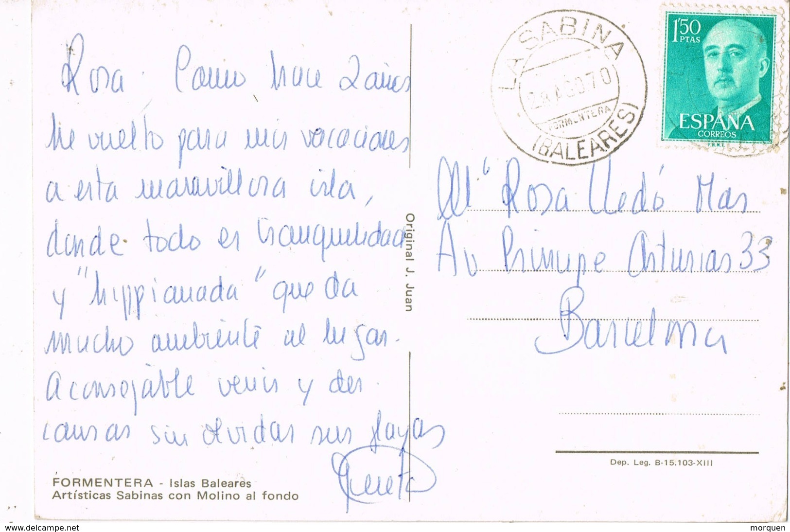 34579. Postal LA SABINA, Formentera  (Baleares) 1970. Vista Sabinas Con Molino - Cartas & Documentos