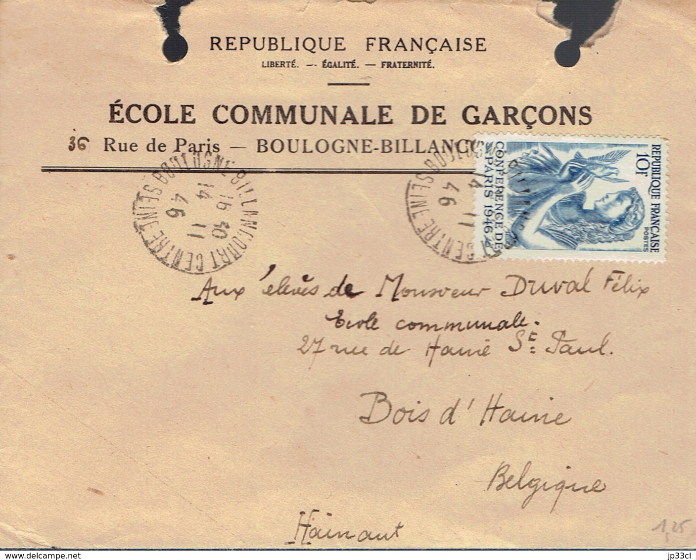 Enveloppe De L'École Communale Des Garçons Boulogne-Billancourt Vers L'École Communale De Bois-d'Haine (Belgique), 1946 - Documents Historiques