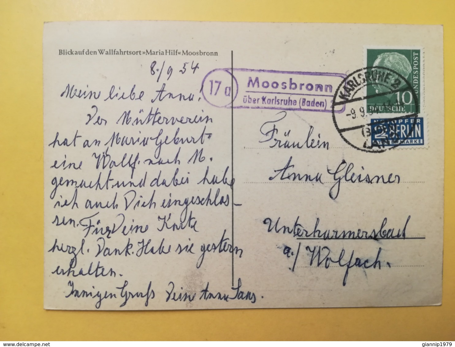 CARTOLINA POSTCARD GERMANIA DEUTSCHE 1954 MARIA HILF MOOSBRONN BOLLO THEODOR HEUSS OBLITERE' POSTKARTEN - Gaggenau