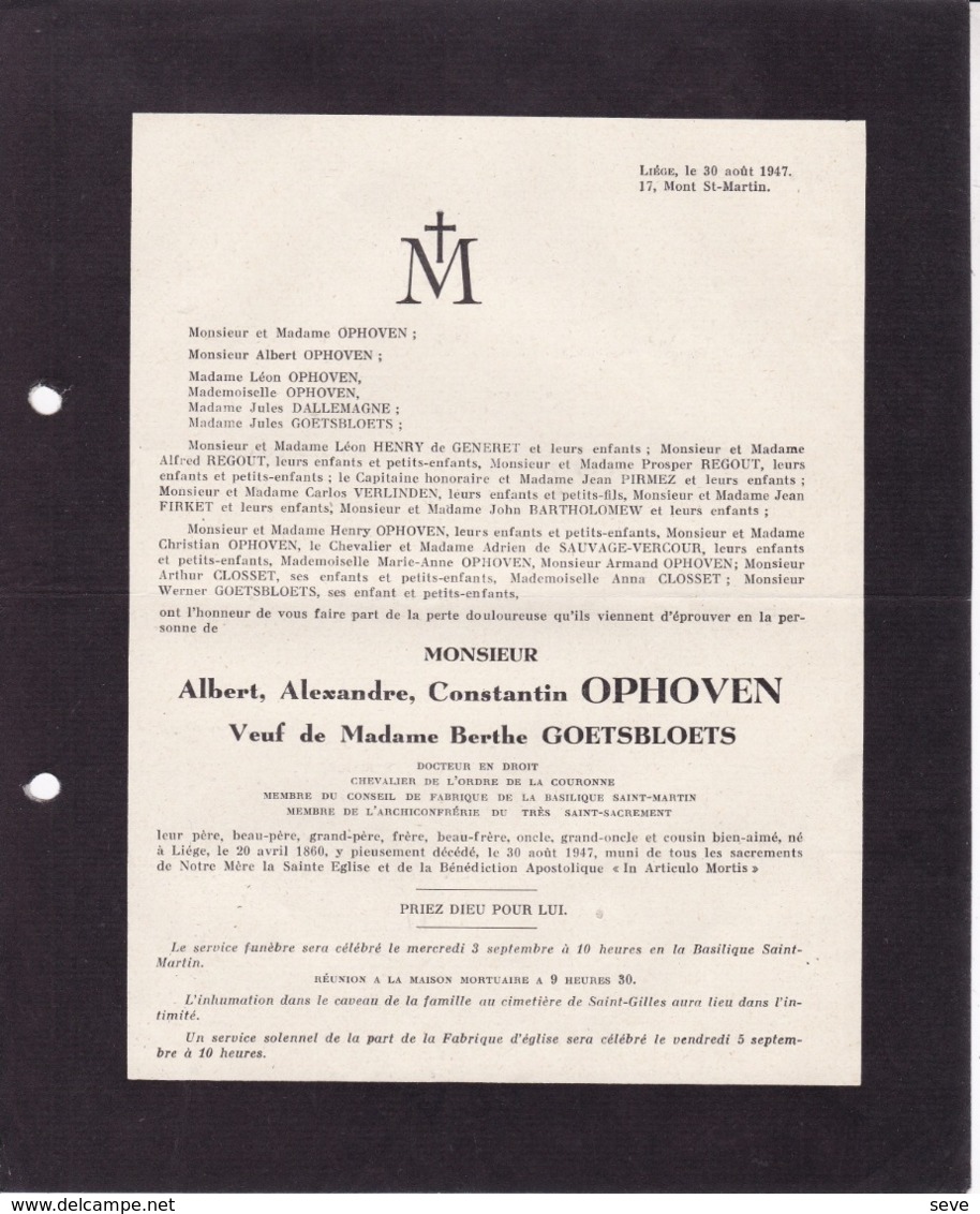 LIEGE Albert OPHOVEN Veuf GOETSBLOETS Docteur En Droit  1860-1947 Famille DALLEMAGNE - Todesanzeige