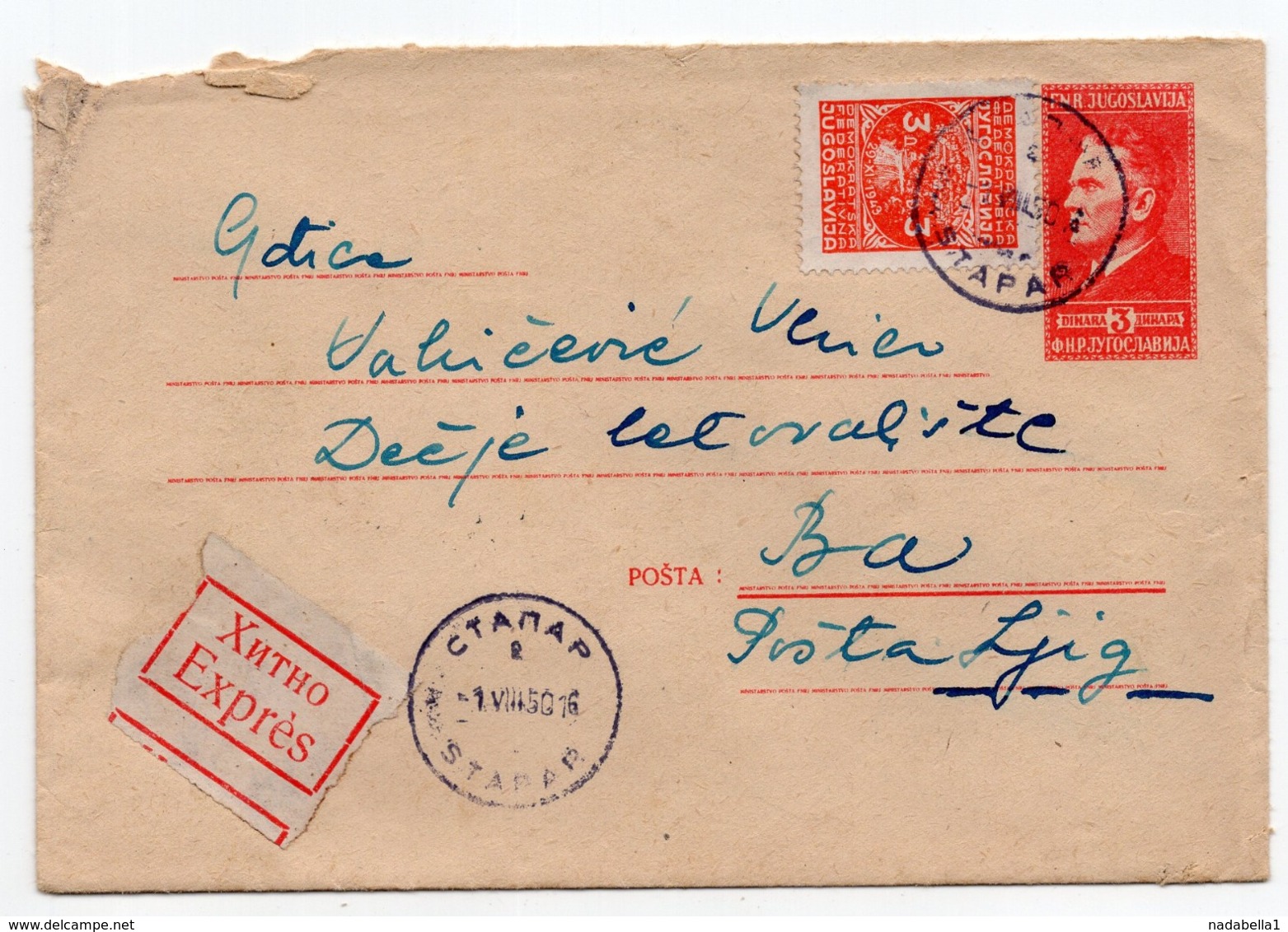 1950 FNR YUGOSLAVIA, SERBIA, STAPAR TO BA, 3 TPO AT THE BACK, NO160, 19 AND 8, EXPRESS MAIL, STAMP IMPRINTED COVER - Postal Stationery