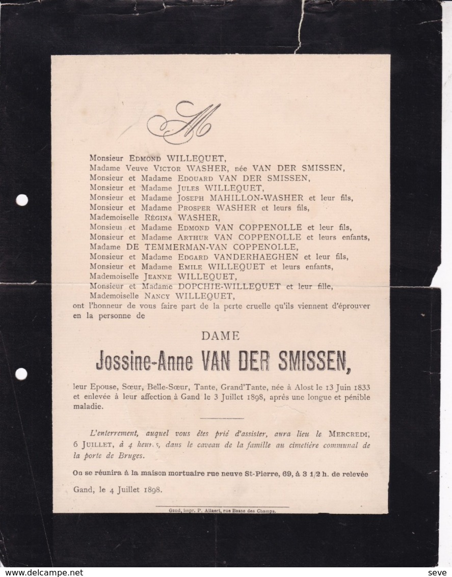 ALOST AALST GAND Jossine ANne VAN DER SMISSEN 1833-1898 Famille WILLEQUET WASHER Enterrement Civil Usé - Todesanzeige