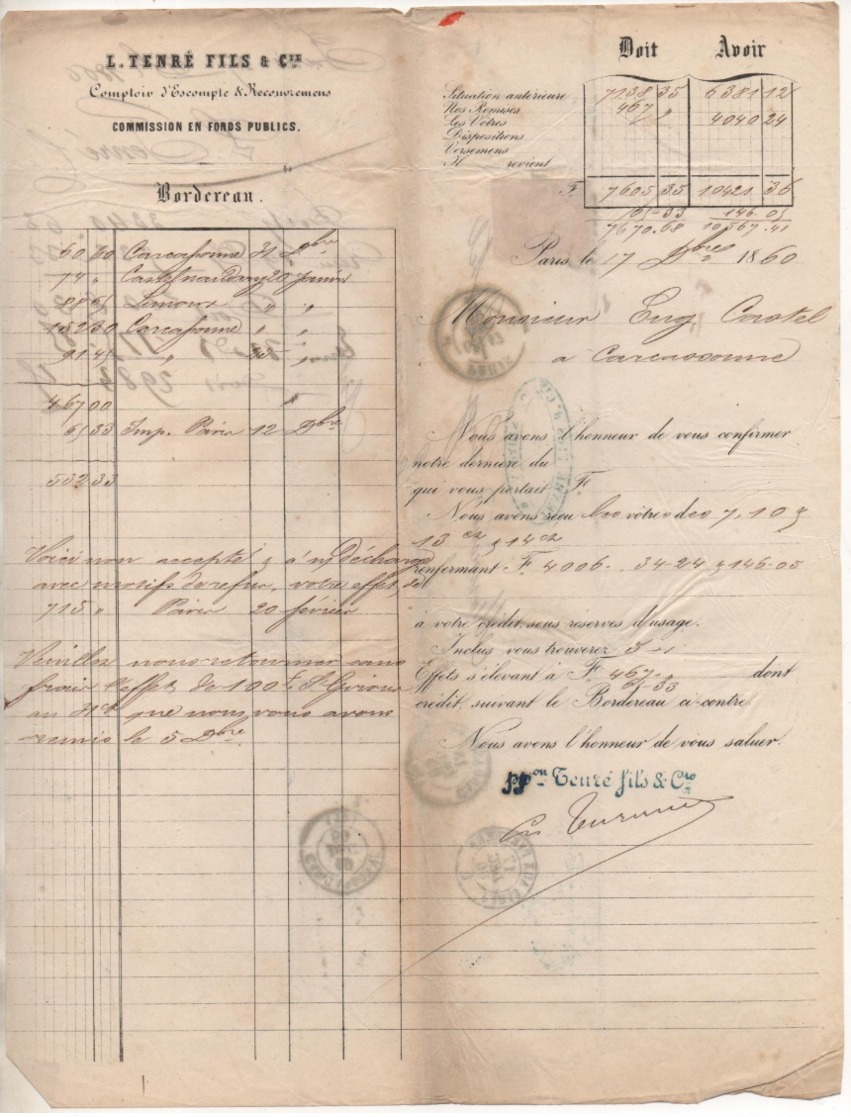 80c Posté à PARIS Destination CARCASSONNE Par "L. TENRE" En Décembre 1860 - 1849-1876: Période Classique