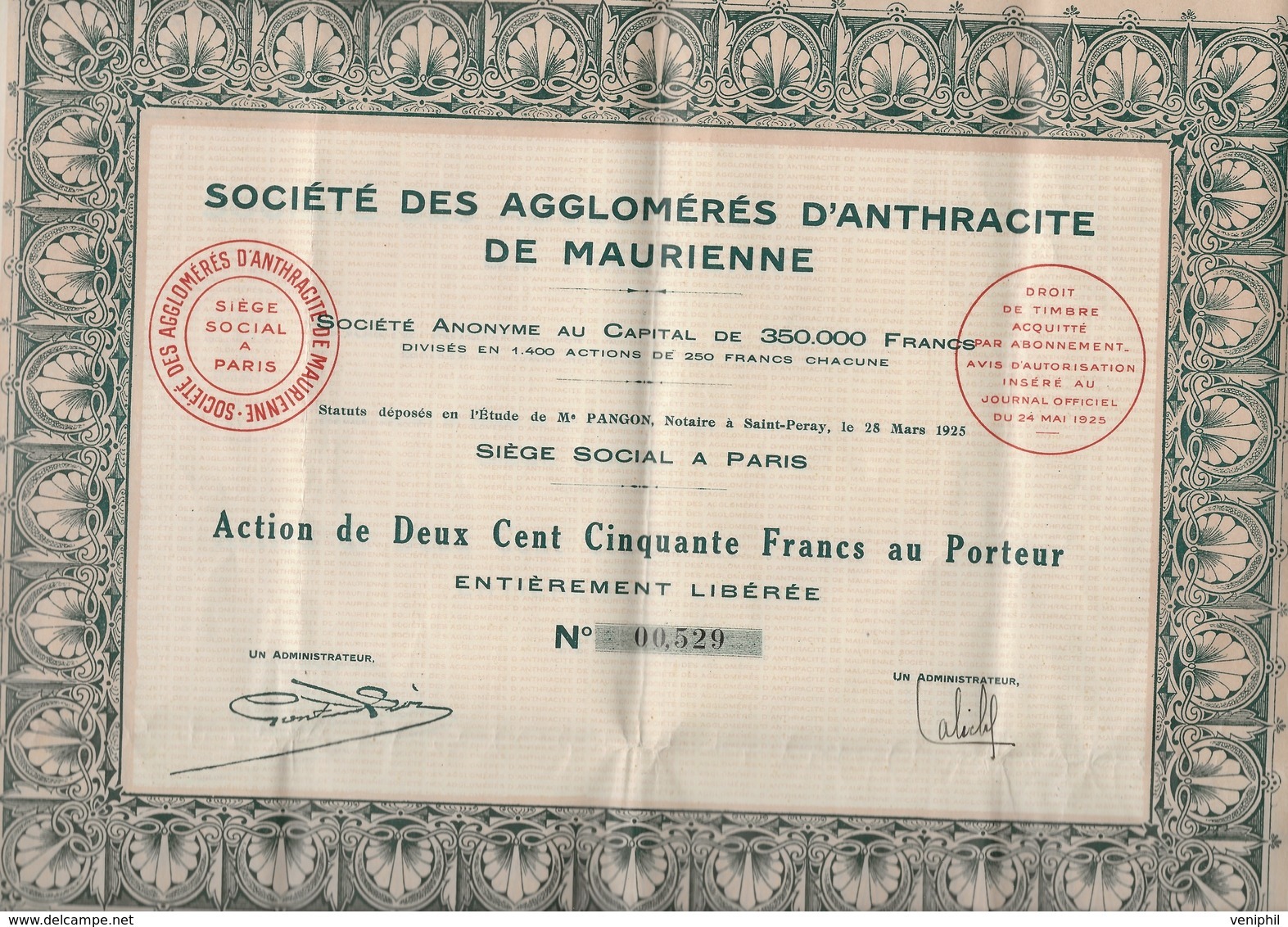 SOCIETE DES AGGLOMERES D'ANTHRACITE DE MAURIENNE -DIVISE EN 1400 ACTIONS - ANNEE 1925 - Mines
