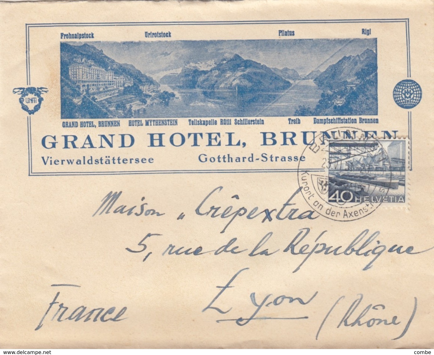 LETTRE SUISSE. 23 6 51. GRAND HOTEL BRUNNEN POUR LYON FRANCE. 40c - Cartas & Documentos