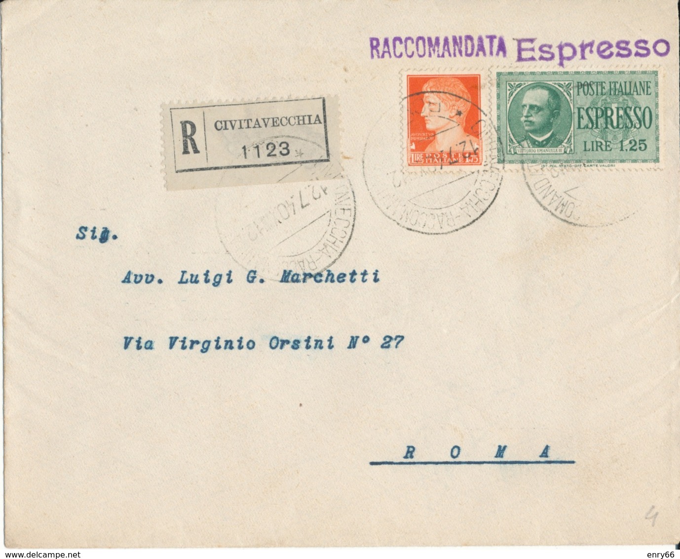 CIVITAVECCHIA / ROMA 12-7-1940 LETTERA ESPRESSO RACCOMANDATA  LIRE 1,25 + IMPERIALE 1,75 - Poststempel