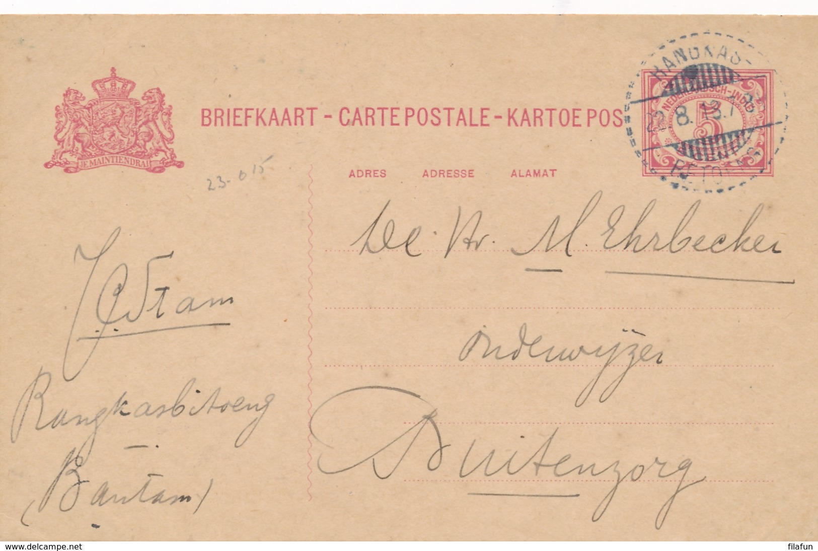 Nederlands Indië - 1918 - 5 Cent Cijfer, Briefkaart G23 Van LB RANGKAS-/BETOENG Naar Buitenzorg - Niederländisch-Indien