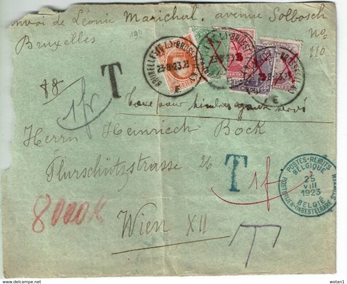 Lettre De BRUXELLES (23-8-23) à WIEN XII Taxée Pour Timbres Ayant Servis + Obl. "Postes-Rebuts Belgique Du 25-VIII-1923" - Storia Postale