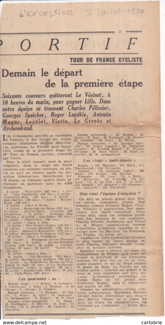 LE VESINET 2 Juillet 1934 - Départ Tour De France Cycliste - Coupure Article Journal  "L'Excelsior" Voir Vente 870502891 - Other & Unclassified