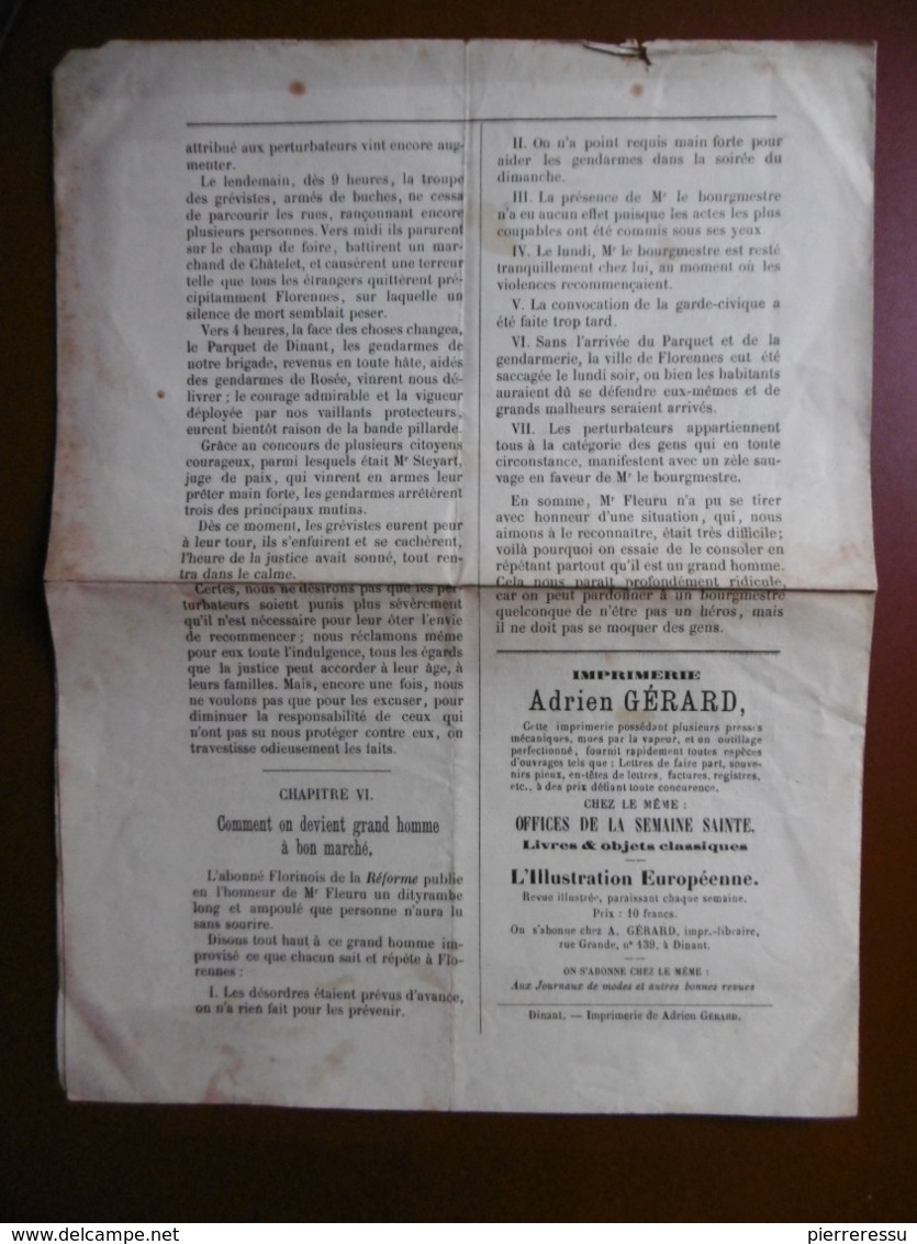 BELGIQUE FLORENNES JOURNAL GRATUIT LA REPLIQUE 1886 CACHET - Revues & Journaux