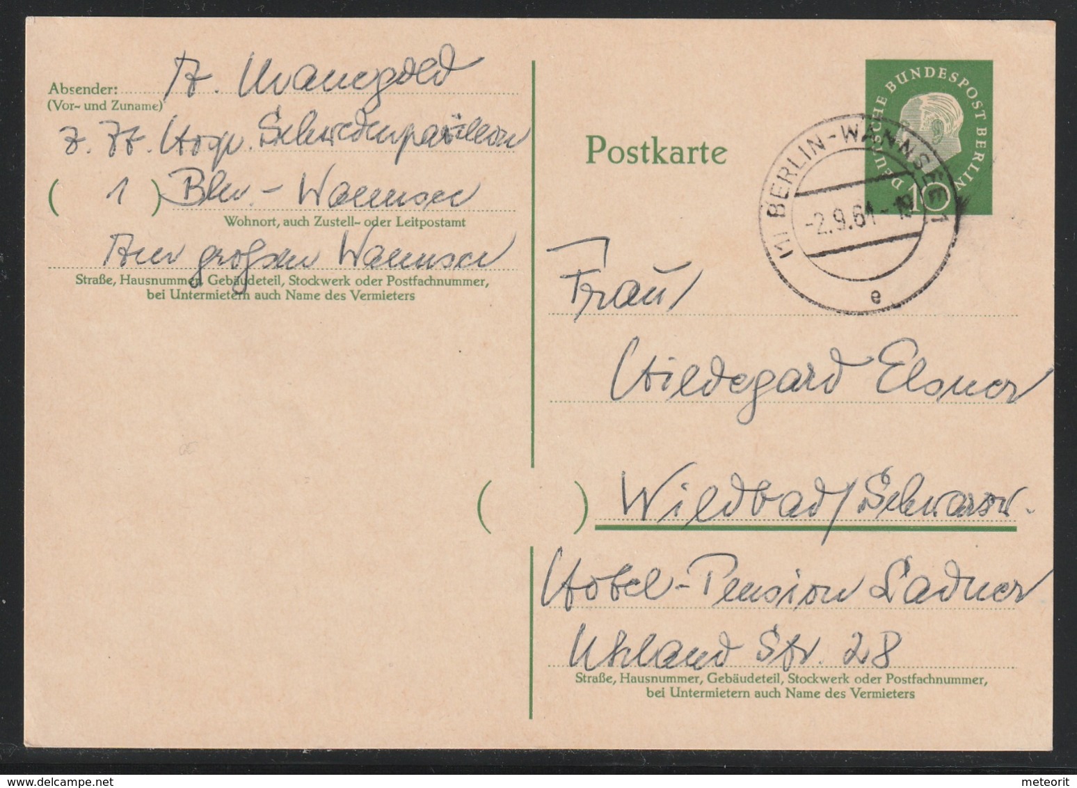 Postkarte MiNr. P 49 HEUSS II 1961 "Postfachnummer", Gestempelt BERLIN-WANNSEE 1  -2.9.61 -19 E Nach Wildbad - Postcards - Used