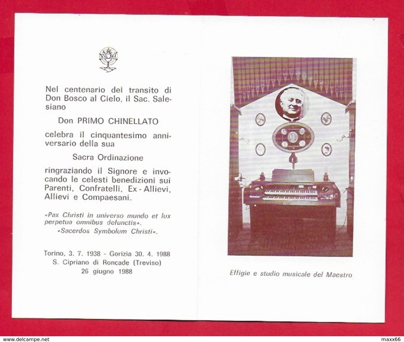 SANTINO ITALIA - DON BOSCO - 1988 Cinquantenario Ordinazione PRIMO CHINELLATO - S. Cipriano Di Roncade - 8 X 13 - Santini