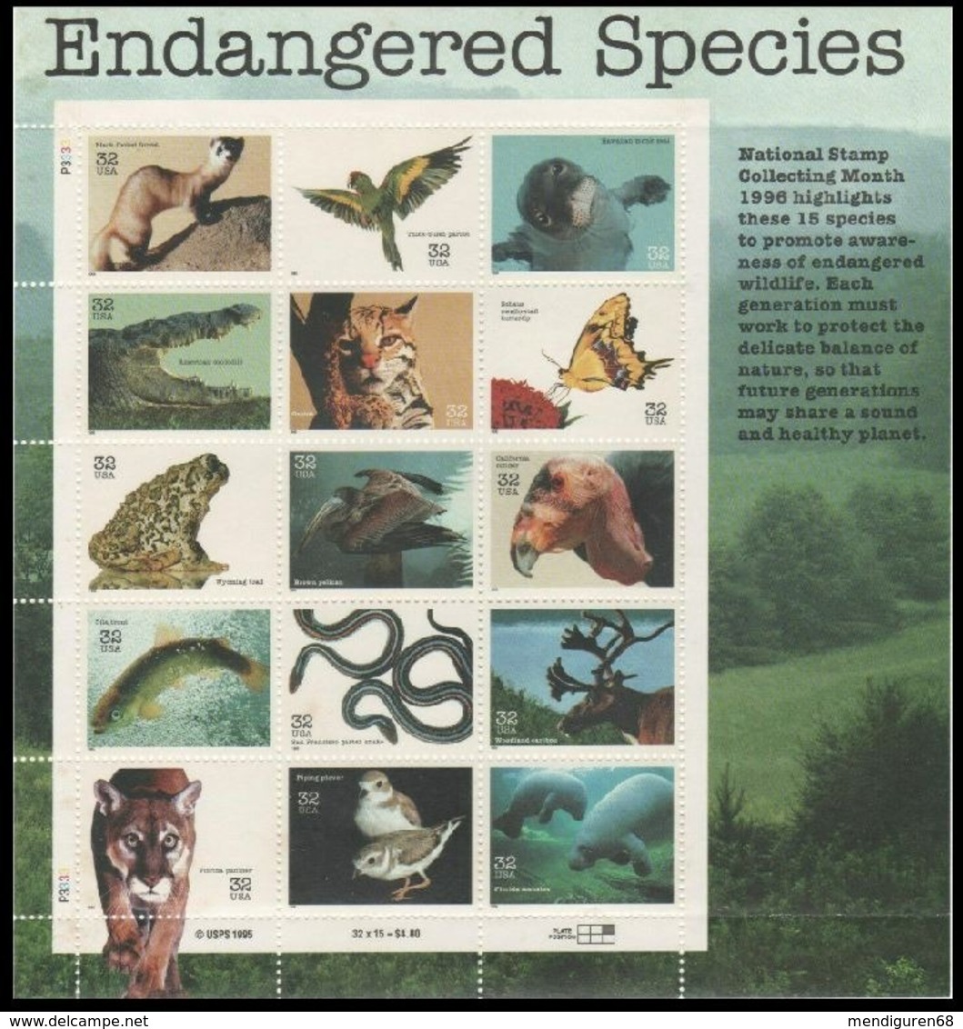 VERINIGTE STAATEN ETATS UNIS USA 1996 M/S ENDANGERED SPECIES 20V. MNH SC 3105SP YT F2548-2562 MI SH2769-83 SG MS3240-54 - Fogli Completi