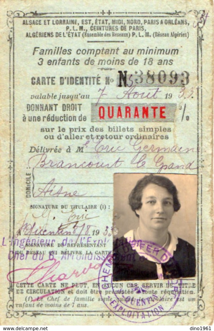 VP16.046 - 1933 - Carte D'Identité Des Chemins De Fer Du Nord - Mme Germaine ERIC à BRANCOURT LE GRAND - Sonstige & Ohne Zuordnung