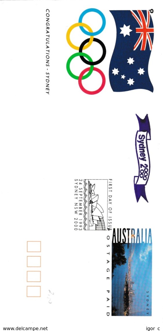 Australia 1993 Postal Stationery Cover; Olympic Games 2000; Selection Of Sydney; Opera House; Architecture - Verano 2000: Sydney - Paralympic