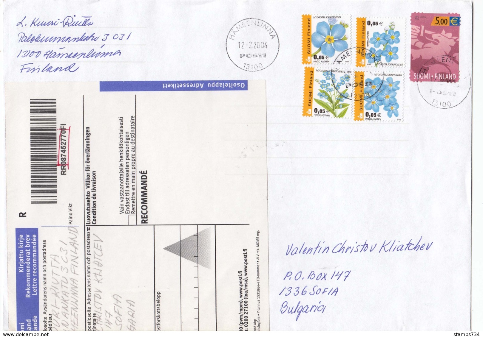Finland - 010/2004 Letter Registred From Hameenlinna To Sofia(Bulgaria) - Covers & Documents