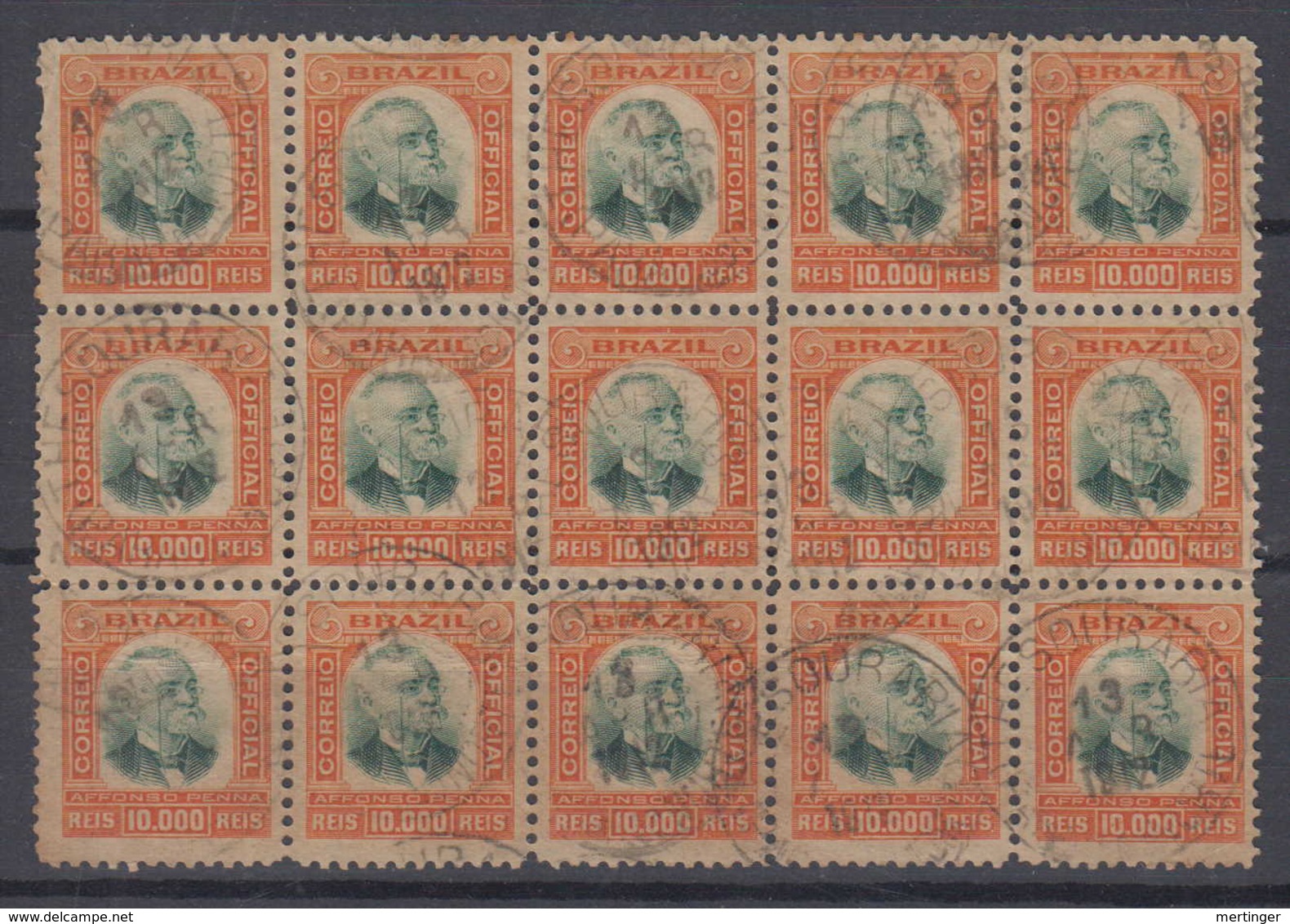 Brazil Brasil 1906 Official Oficias Mi# 13 Used 10000R Block Of 15 - Officials