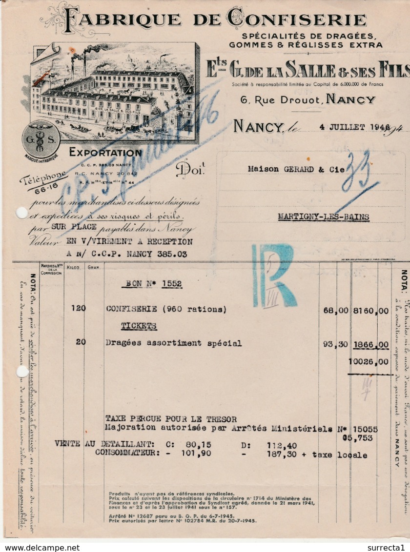 1946 / Rationnement / De La Salle 54 Nancy / Envoi De 960 Rations De Confiserie / Contre Tickets Et Avec Bon - 1939-45