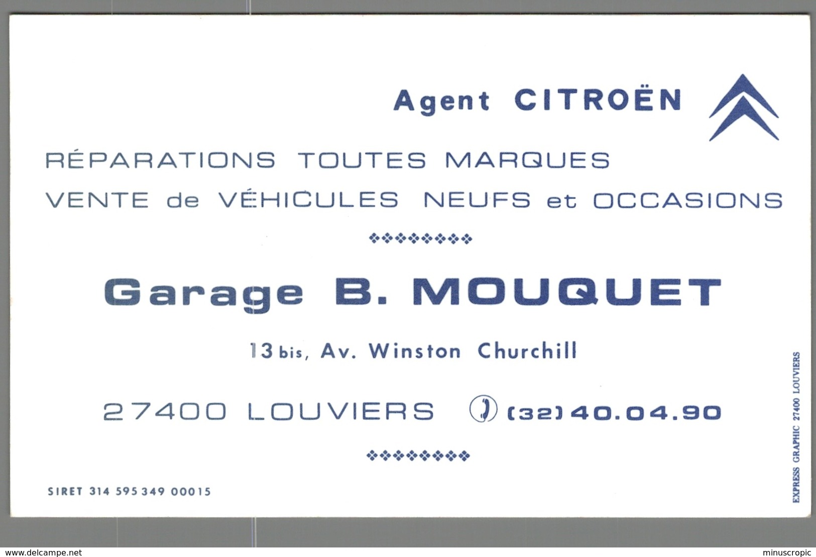 Carte De Visite - 27 - Louviers - Agent Citroën - Garage B. Mouquet - Visitekaartjes