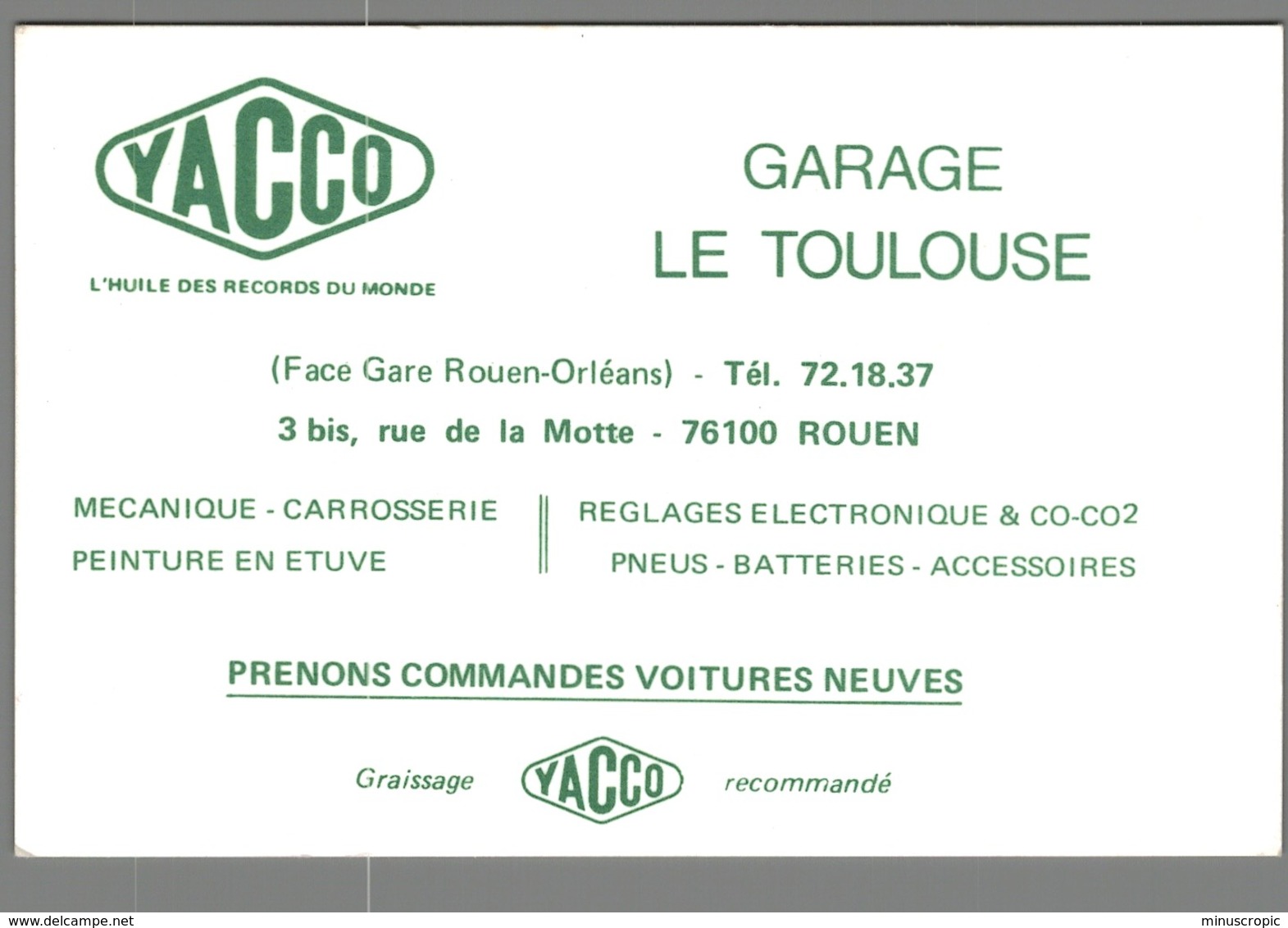 Carte De Visite - 76 - Rouen - Garage Le Toulouse - Yacco - Visitenkarten