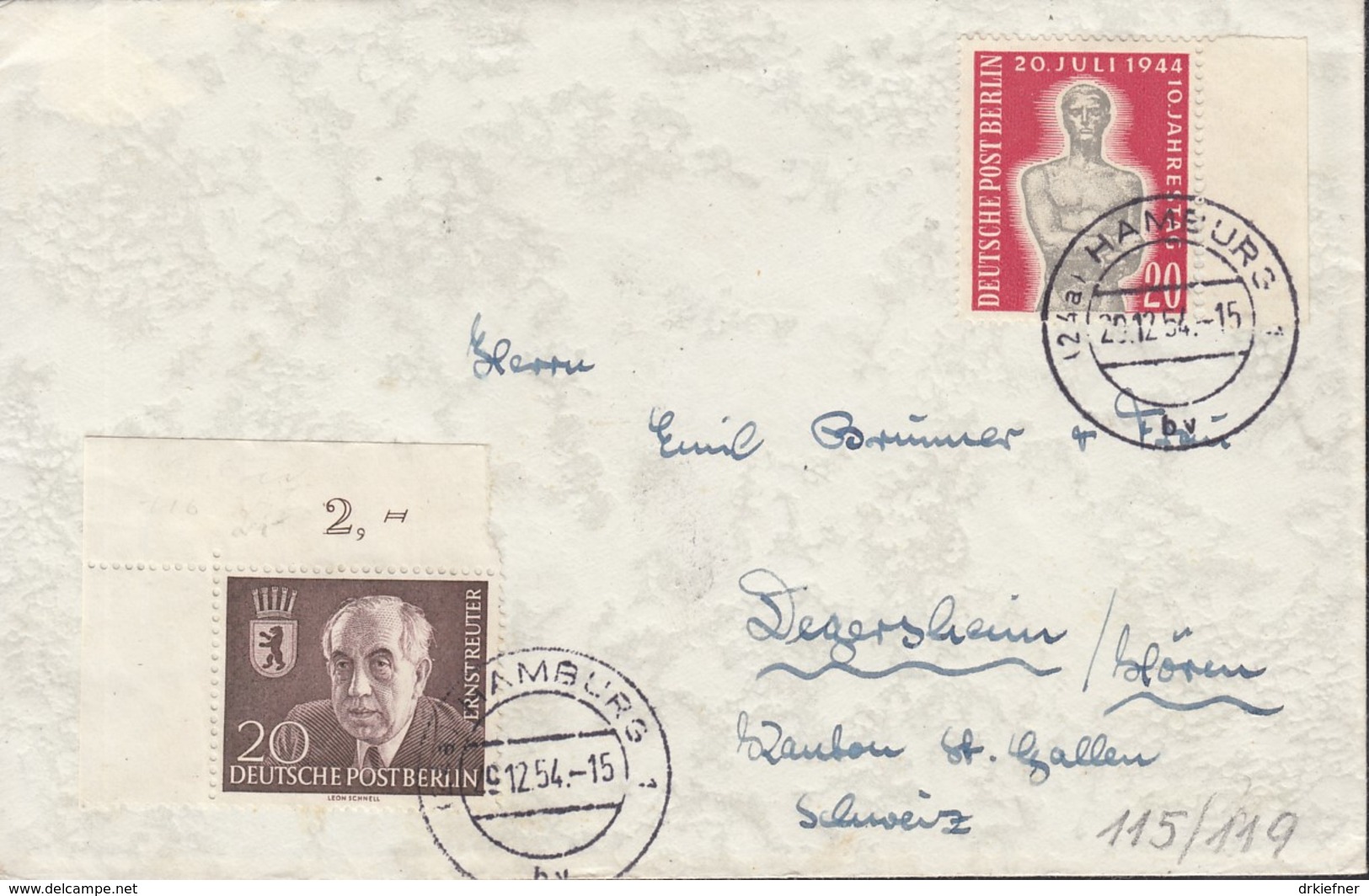 BERLIN 115, 119 MiF Auf Auslands-Brief, Mit Stempel: Hamburg 29.12.1954 - Lettres & Documents