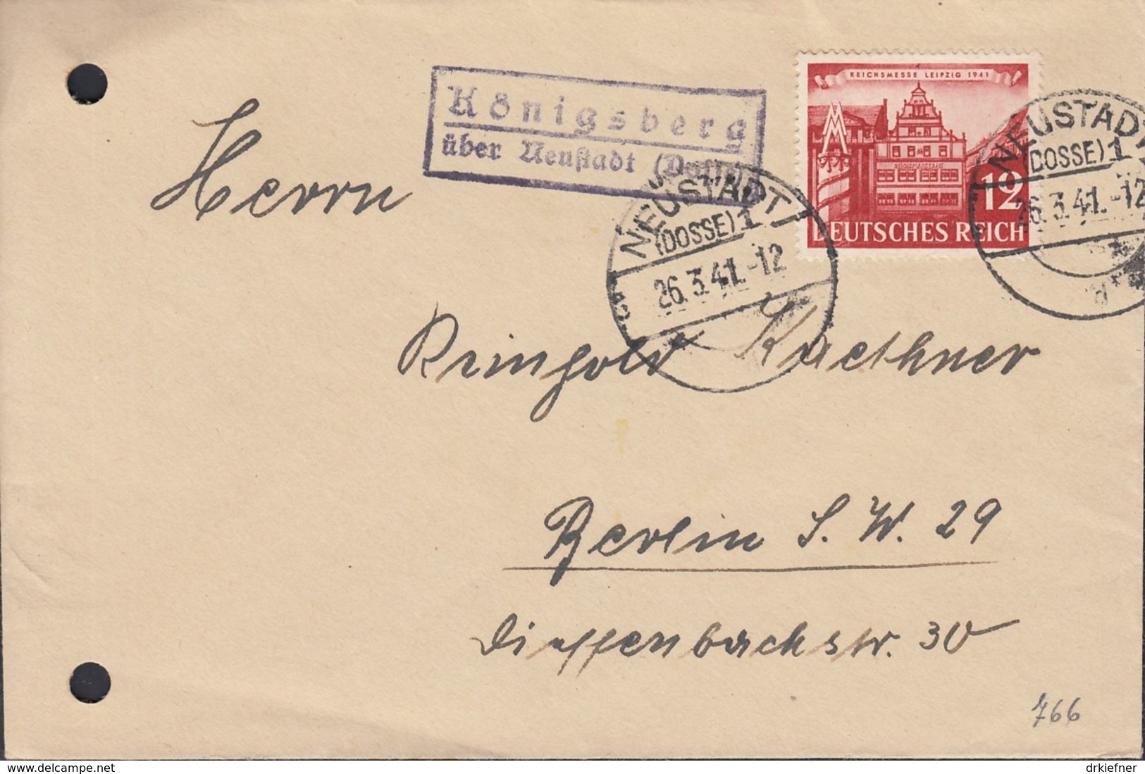 DR  766 EF Auf Brief, Mit Landpoststempel: Königsberg über Neustadt (Dosse), Neustadt 26.3.1941 - Lettres & Documents