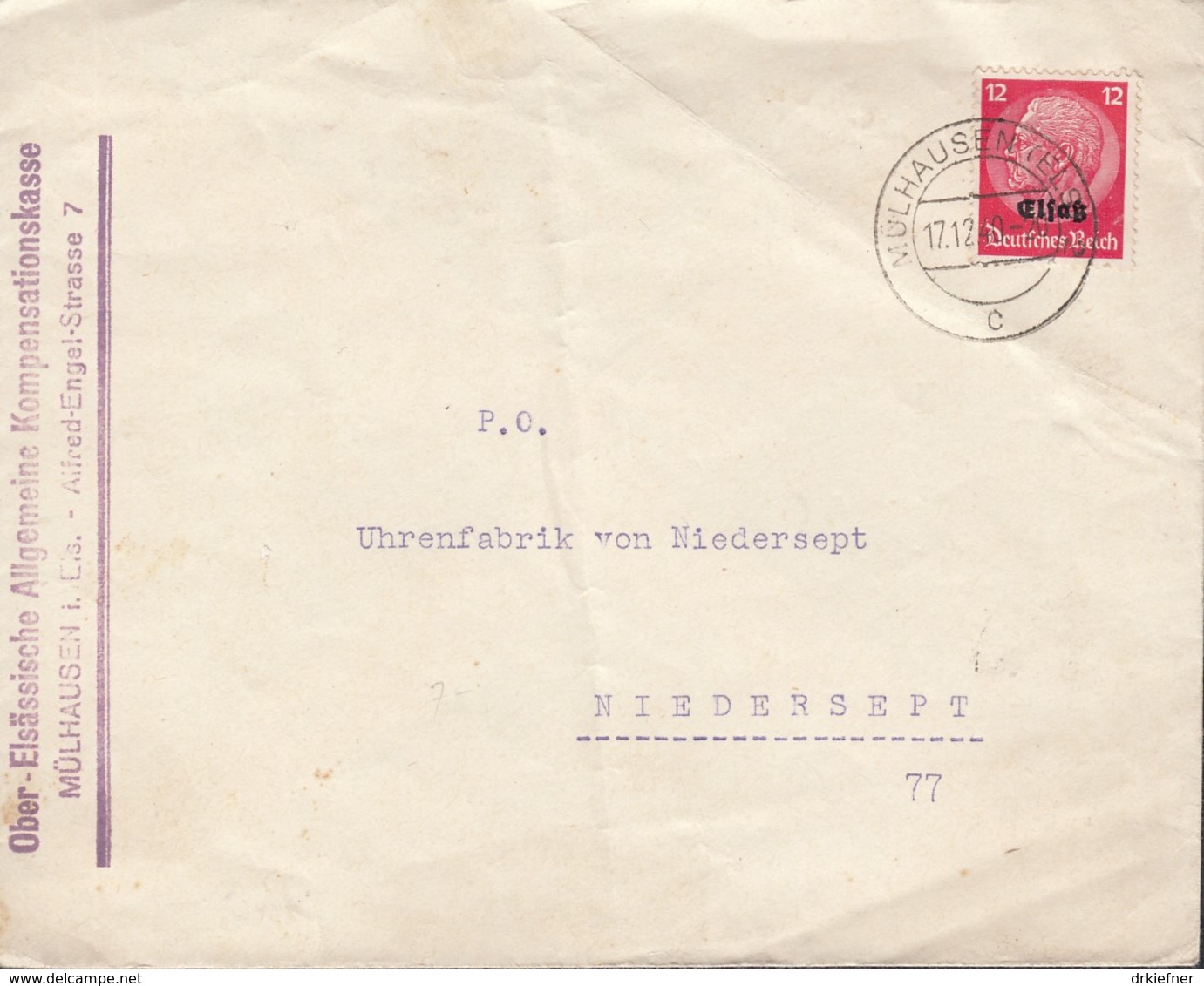 DR  Elsaß 7 EF, Auf Brief Mit Stempel: Mülhausen 17.12.1940 - Besetzungen 1938-45