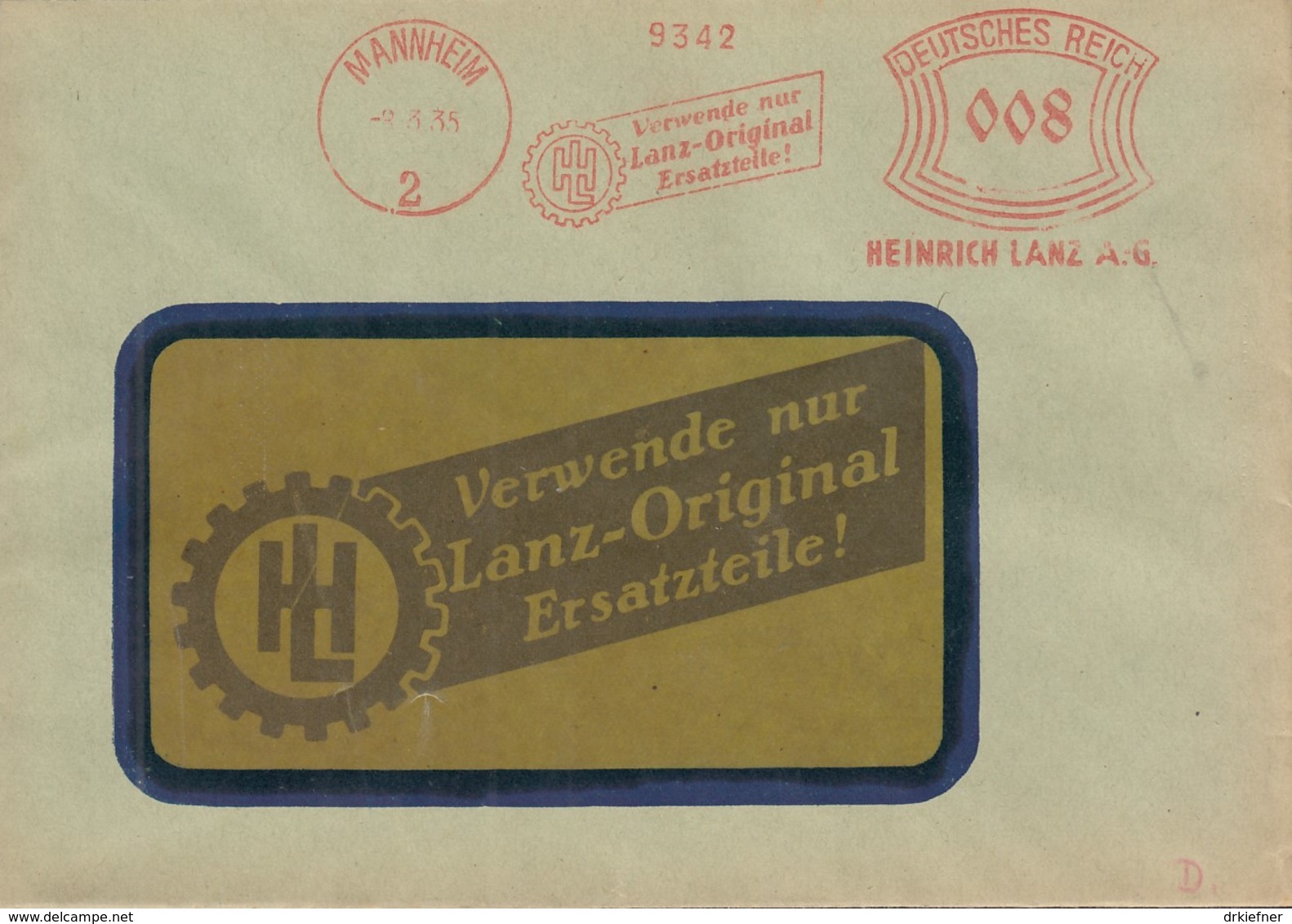 DR  FREISTEMPEL 008 (Pfg) Im Bogenrechteck Auf Brief Der Fa. Heinrich Lanz AG, Stempel: Mannheim 8.3.1935 - Franking Machines (EMA)