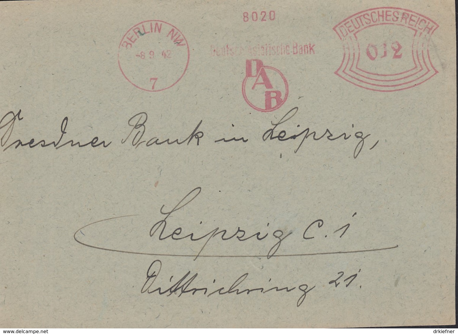 DR  FREISTEMPEL 012 (Pfg) Im Bogenrechteck Auf Briefstück Der Deutsch-asiatischen Bank, Stempel: Berlin NW7 8.9.1942 - Franking Machines (EMA)