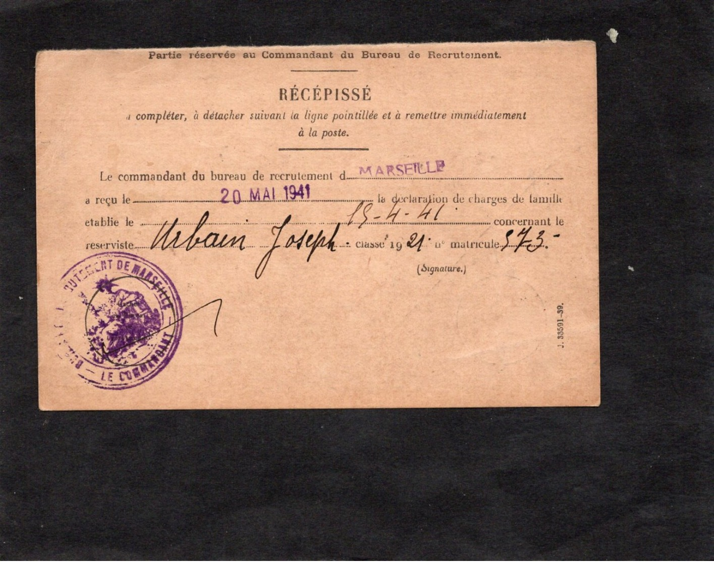 1941 - SERVICE MILITAIRE - Cachet MARSEILLE GARE Et Au Dos  Bureau De Recrutement De Marseille - Guerre De 1939-45