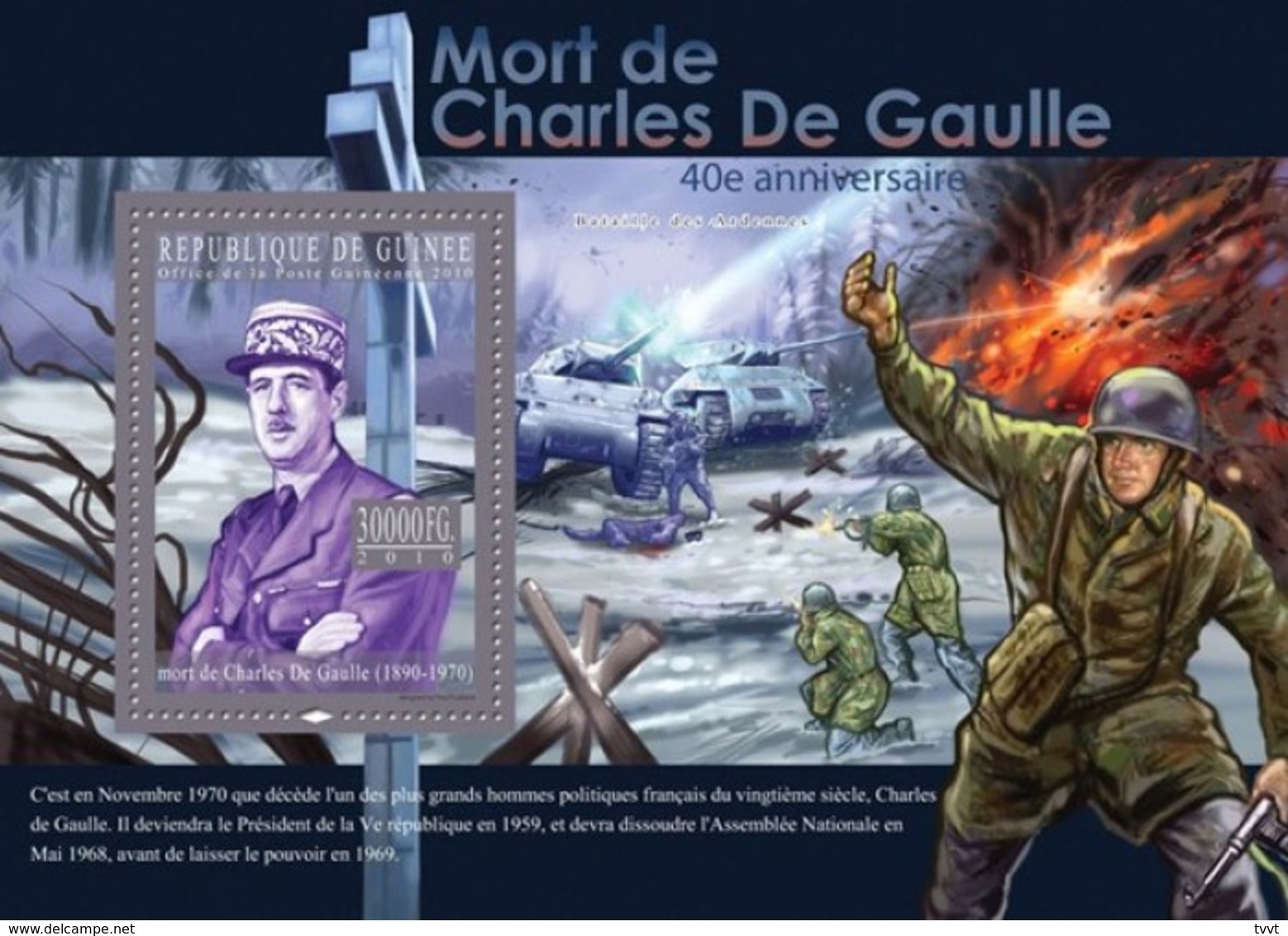 Guinea, 2010. [gu10315] Charles De Gaulle (s\s+block) - De Gaulle (General)