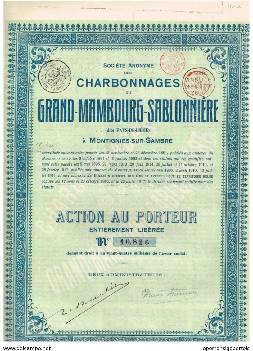 Titre Ancien - Société Anonyme Des Charbonnages Du Grand-Mambourg-Sablonnière - Titre De 1917 - Mines