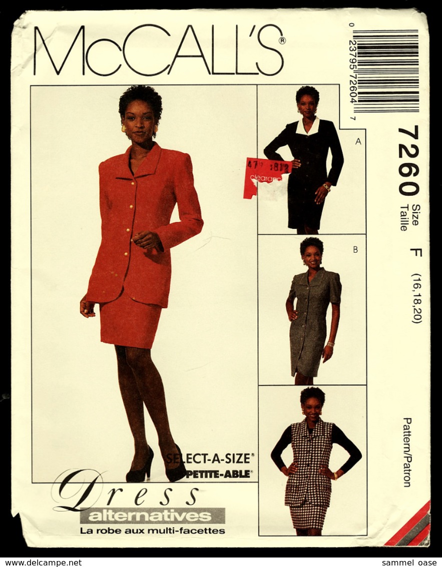 Vintage McCall`s Schnittmuster 7260  -  Damen-Jacke Weste Rock Kleid Ungefüttert  -  Size F  -  16-20 - Haute Couture