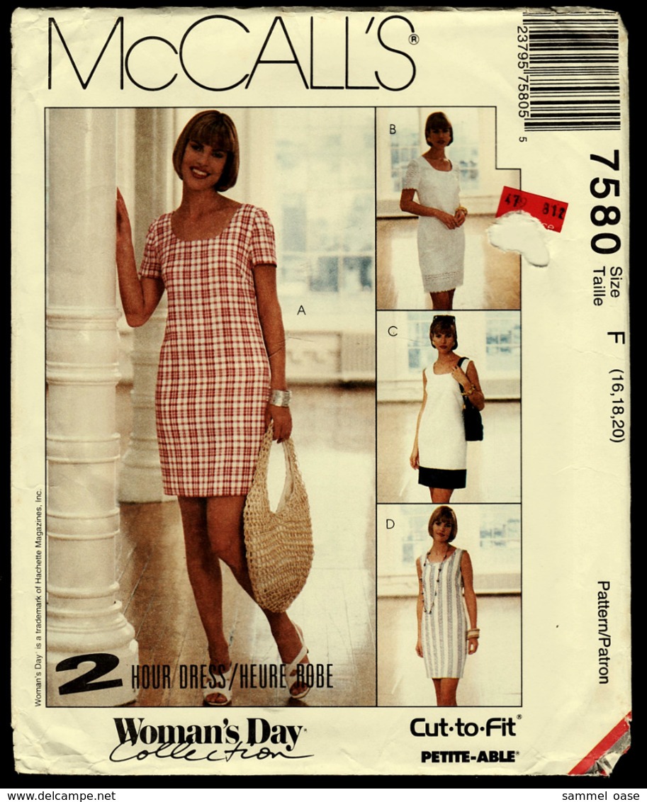 Vintage McCall`s Schnittmuster 7580  -  Leichtes Semi-Fitted Damen-Kleid   -  Size F  -  16-20 - Designermode