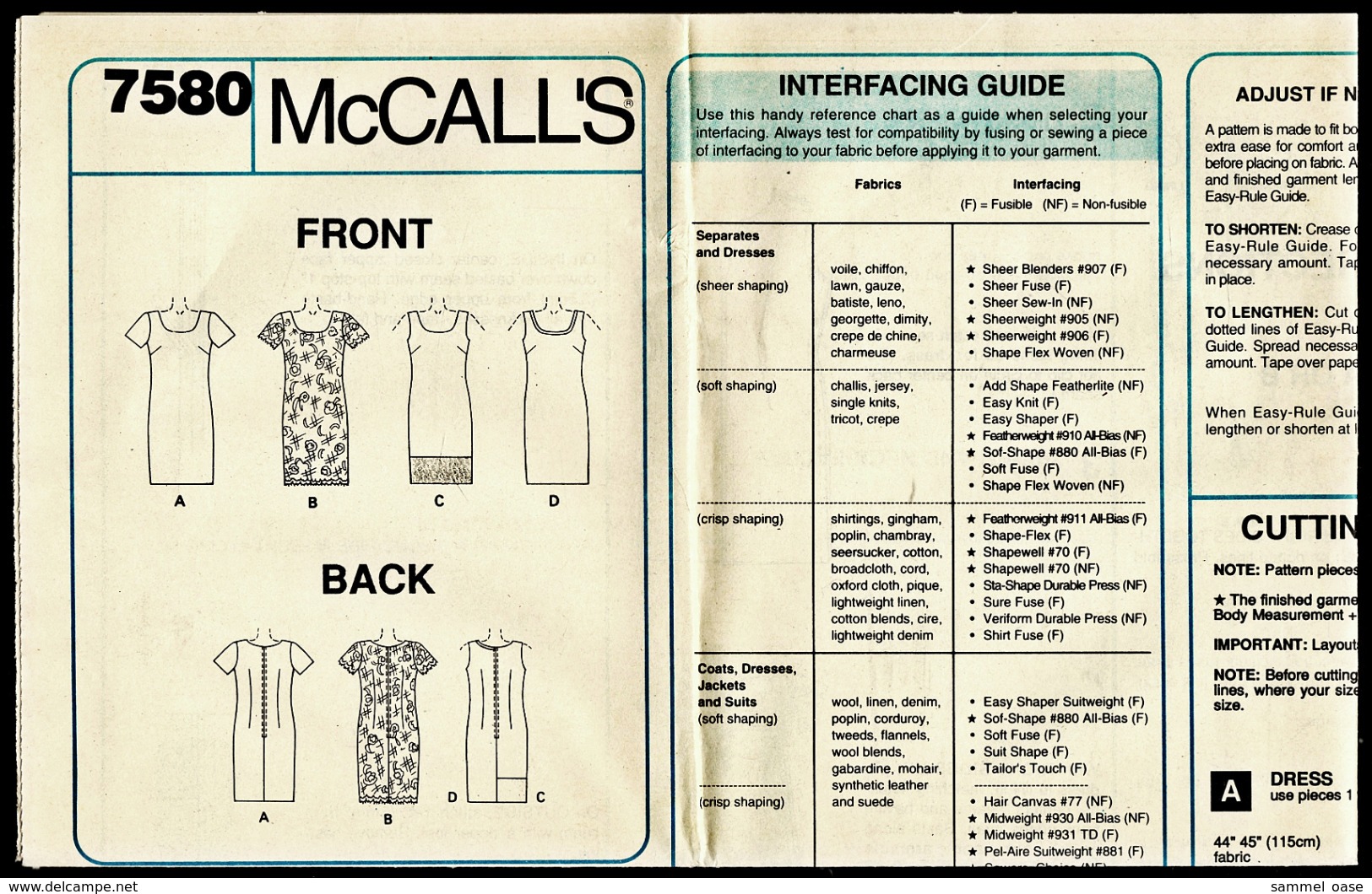 Vintage McCall`s Schnittmuster 7580  -  Leichtes Semi-Fitted Damen-Kleid   -  Size F  -  16-20 - Designermode