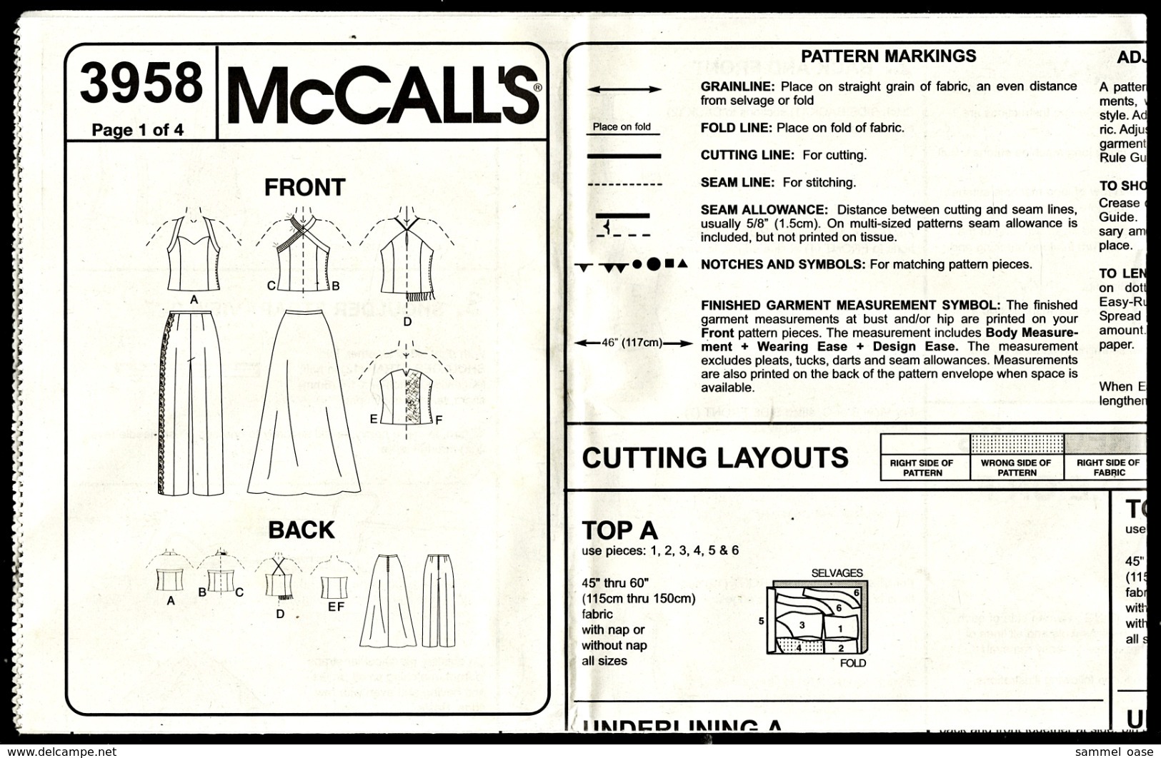 Vintage McCall`s Schnittmuster 3958  -  Damen-Tops, Hose & Rock Gefüttert -  Size DD  -  12-18 - Alta Moda