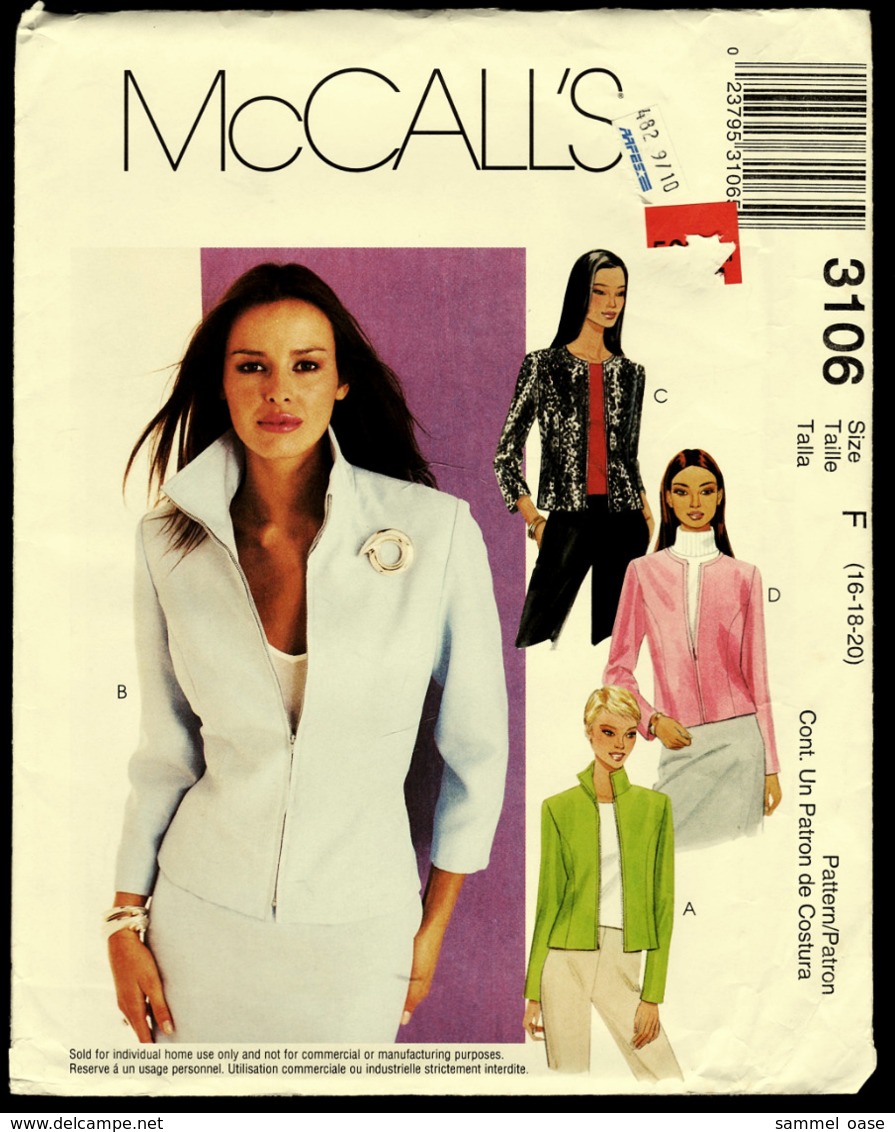 Vintage McCall`s Schnittmuster 3106  -  Gefütterte Damen-Jacken   -  Size F  -  16-20 - Alta Moda