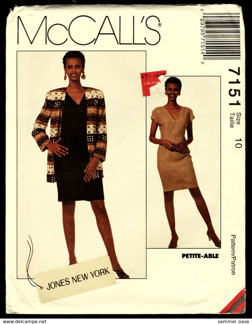 Vintage McCall`s Schnittmuster 7151  -  Gefütterte Damen-Strickjacke Und Kleid    -  Size 10 - Designermode