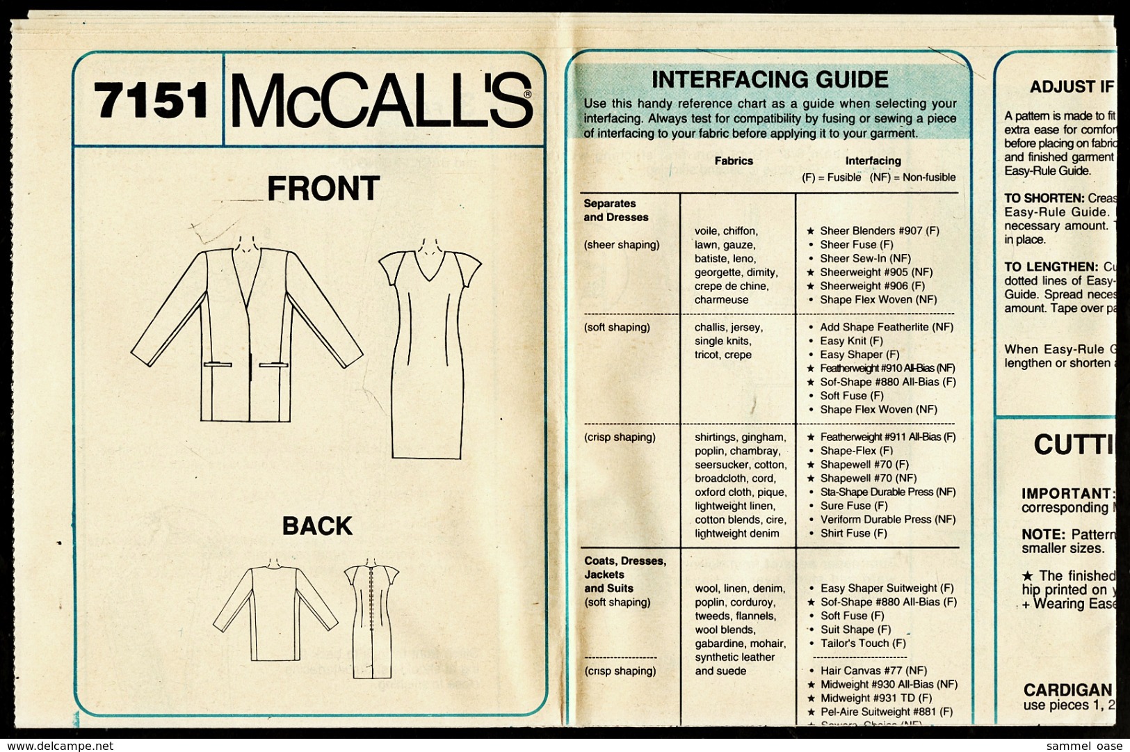 Vintage McCall`s Schnittmuster 7151  -  Gefütterte Damen-Strickjacke Und Kleid    -  Size 10 - Alta Moda