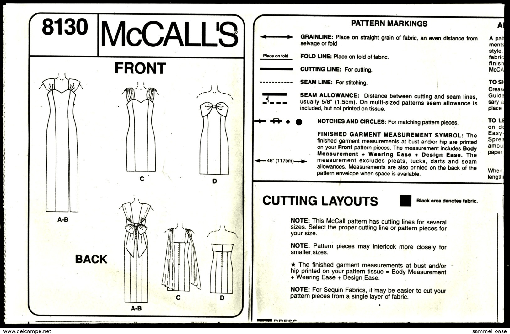 Vintage McCall`s Schnittmuster 8130  -  Damen-Abendkleid In 2 Längen  -  Size B  -  Größe 8-12 - Designermode